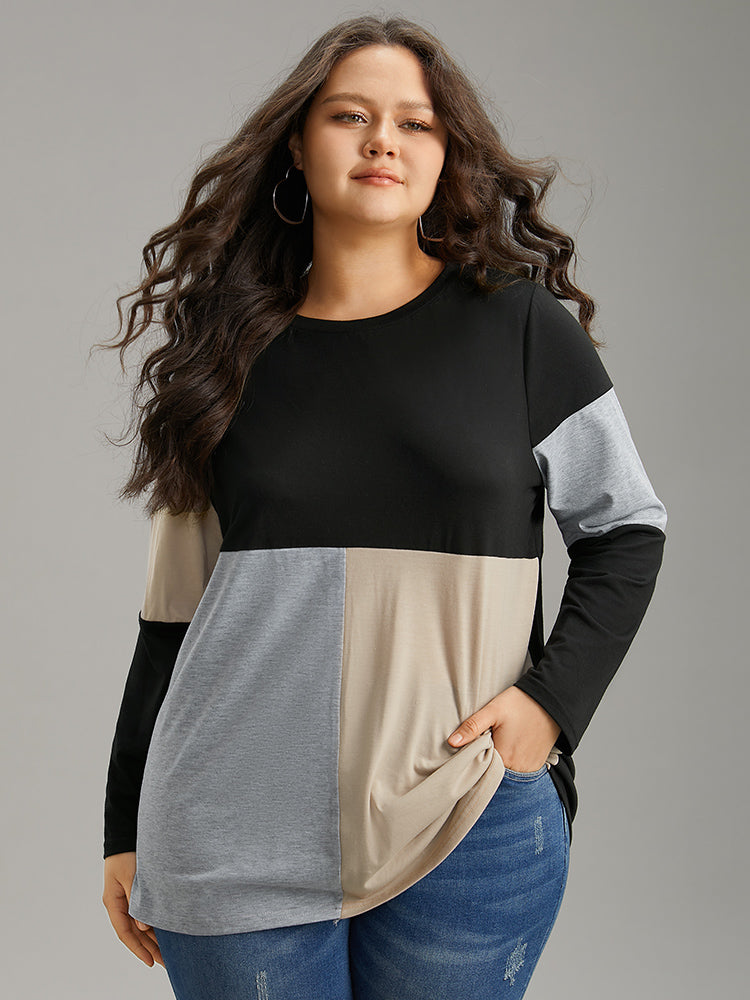 Colorblock Contrast Patchwork Round Neck T-shirt