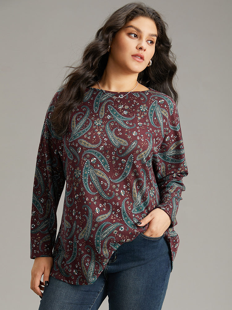 Paisley Print Round Neck Slightly Stretchy T-shirt