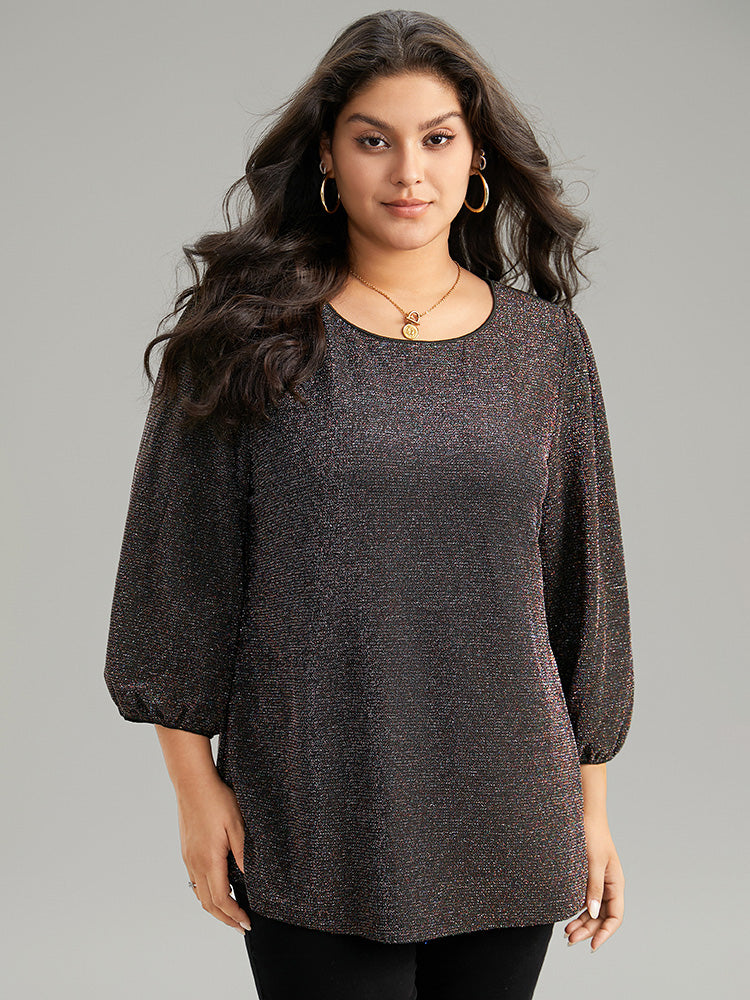 Lurex Round Neck Lantern Sleeve T-shirt