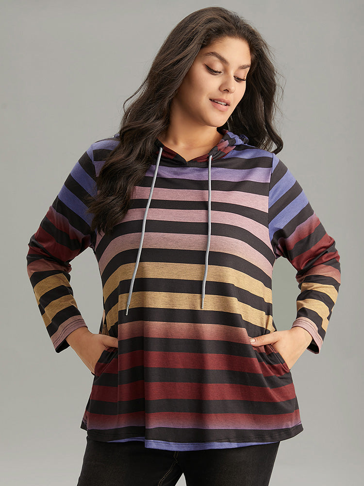 Colour Striped Ombre Hooded Drawstring T-shirt