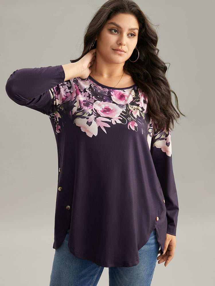 Floral Print Button Detail Arc Hem T-shirt