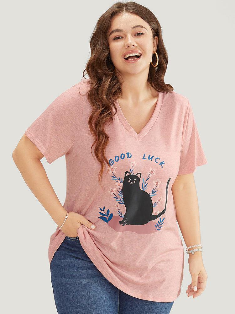 Cat & Floral Print V Neck Heather T-shirt