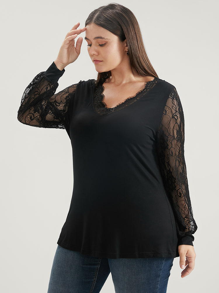 Solid V Neck Contrast Lace Lantern Sleeve Long Tee