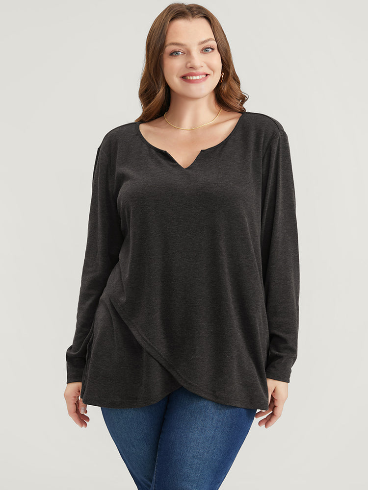 Solid Notched Asymmetrical Hem Long Tee