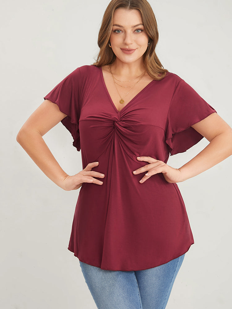 Plain Twist Front Ruffle Sleeve V Neck T-shirt