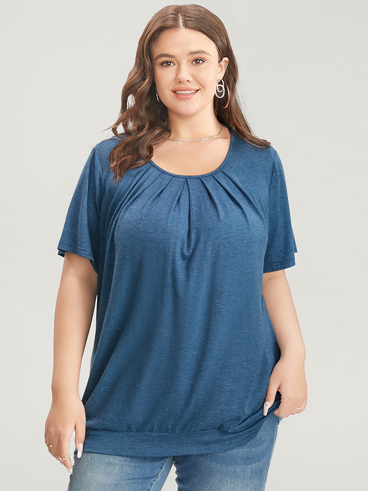 Solid Round Neck Pleated Detail T-shirt