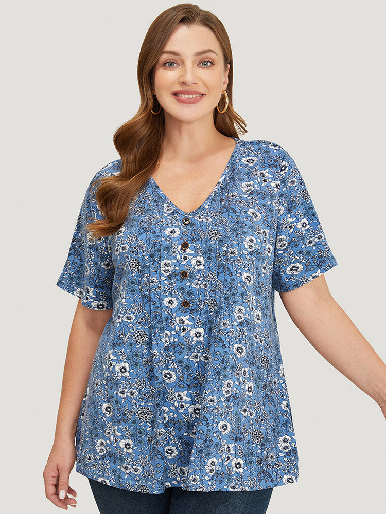 Floral V Neck Button Detail Pleated Front T-shirt