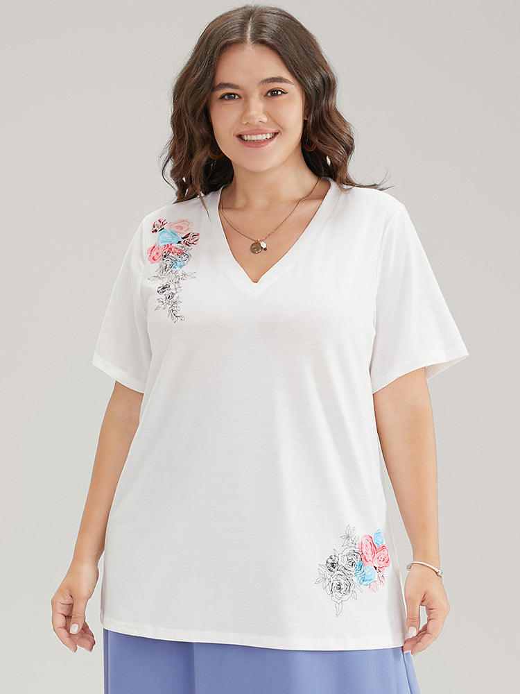 Floral Printed Contrast V Neck T-shirt