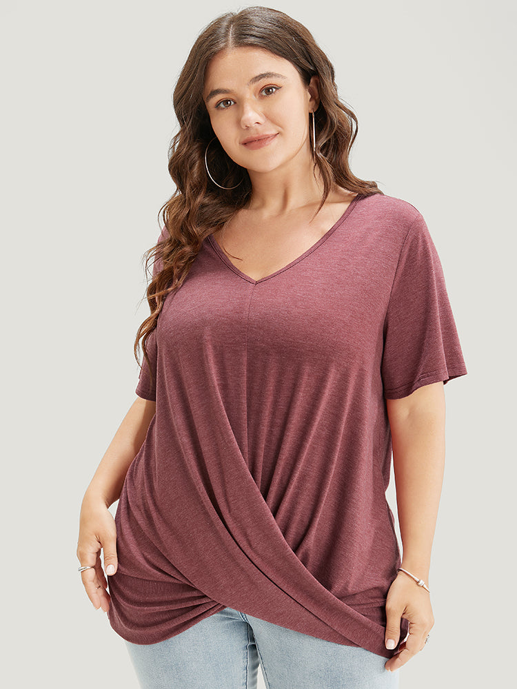 Solid V Neck Twist Hem T-shirt