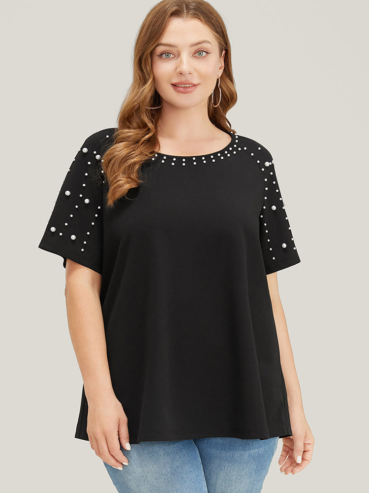 Solid Raglan Sleeve Pearl Beaded T-shirt