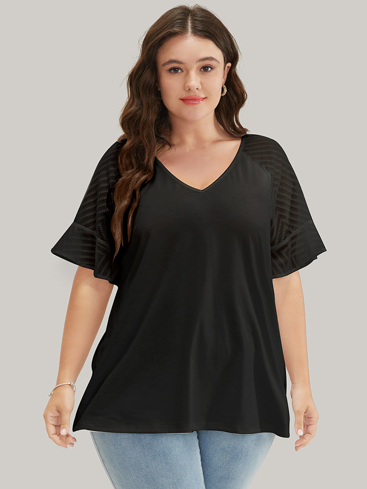 Plain Geometric Mesh Raglan Sleeve Ruffle Trim T-shirt