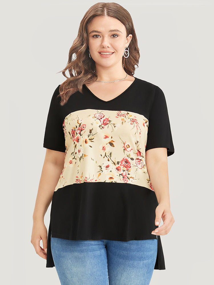 Floral Print Colorblock Contrast Split High Low Hem T-shirt