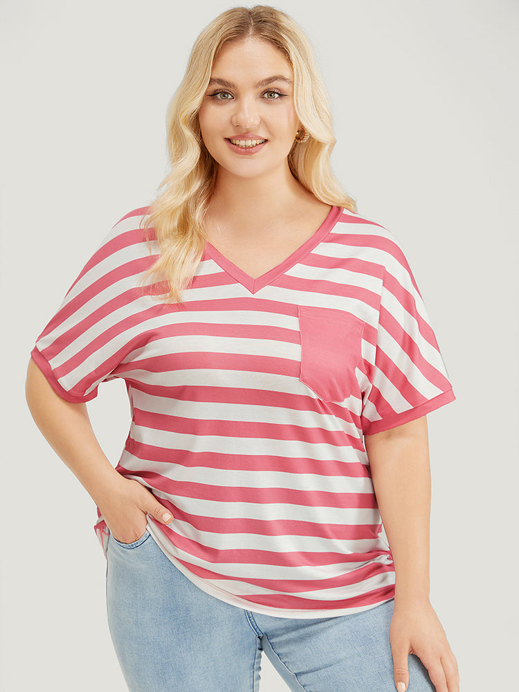 Striped Contrast Pocket Batwing Sleeve T-shirt