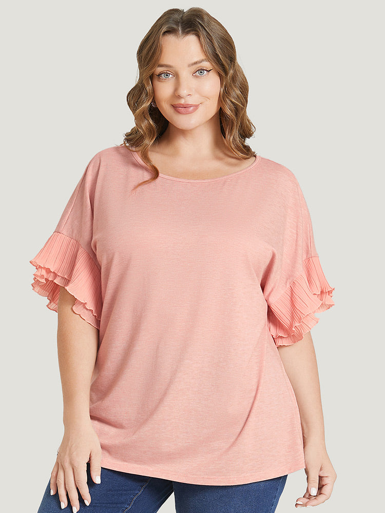 Solid Tiered Dolman Sleeve Ruffle Pleated Detail T-shirt