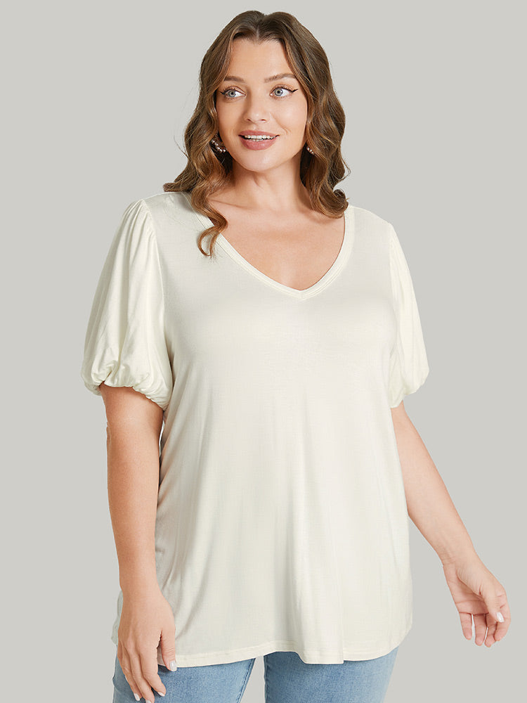 Solid Puff Sleeve V Neck T-shirt