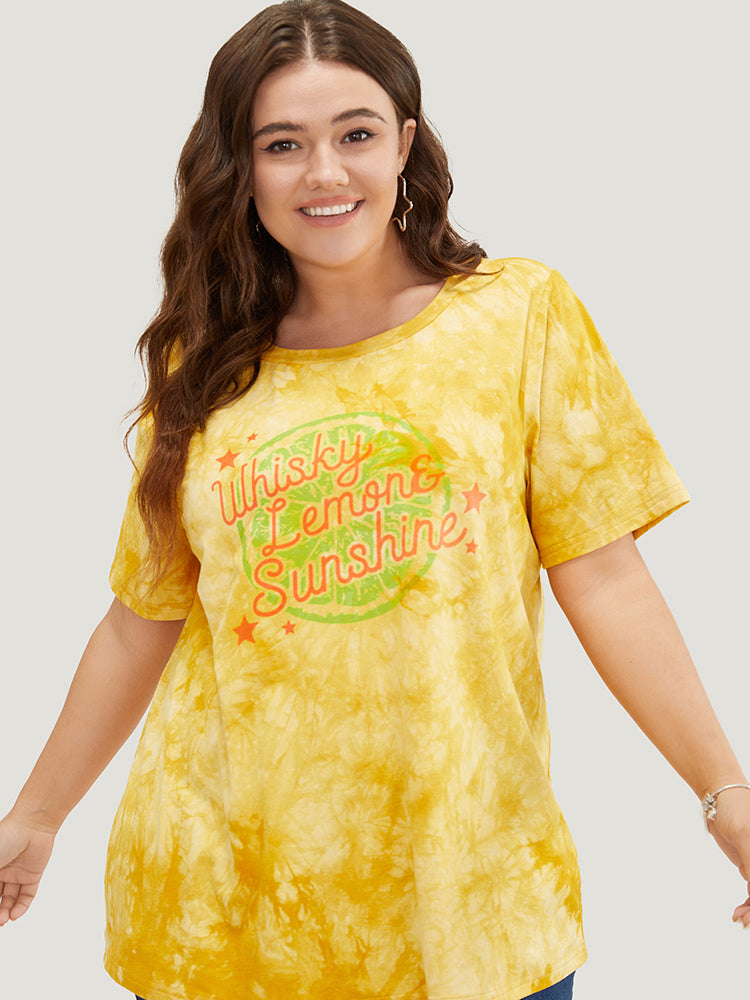 Lemon & Letter Print Crew Neck Tie Dye T-shirt