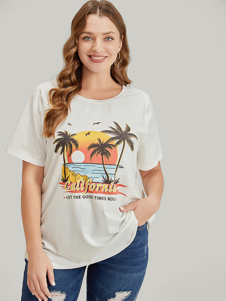 Letter & Coconut Tree Print Crew Neck Graphic Tee