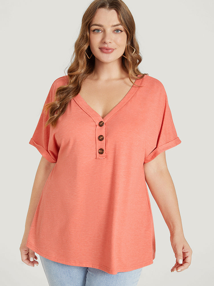 Plain Button Detail Roll Dolman Sleeve T-shirt