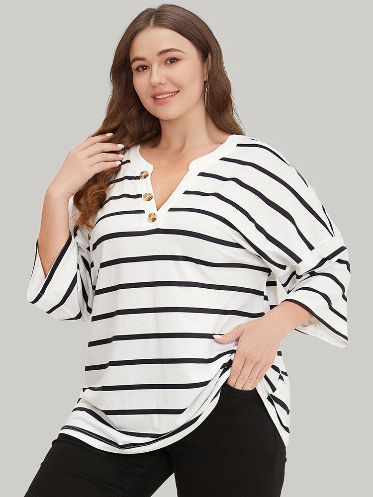 Striped Print Button Detail Notched T-shirt