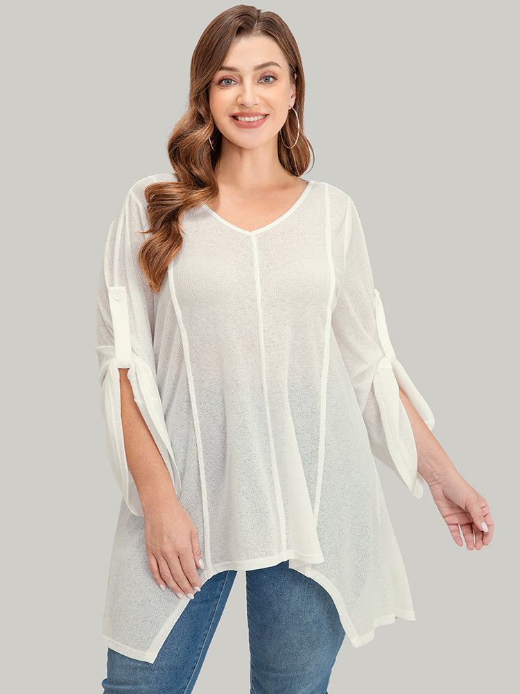 Solid Asymmetrical Hem Cuffed Sleeve Rib Knit T-shirt