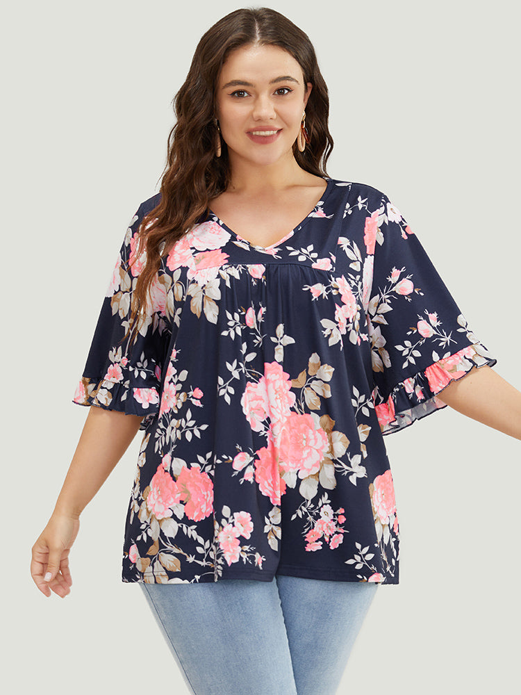 Floral Print Flutter Sleeve Gathered Detail T-shirt