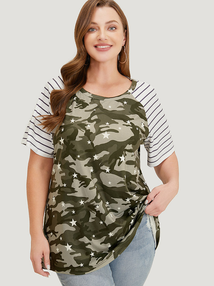 Camo & Striped Print Raglan Sleeve T-shirt