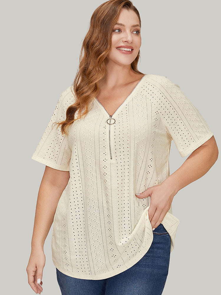 Solid Half Zipper Broderie Anglaise T-shirt