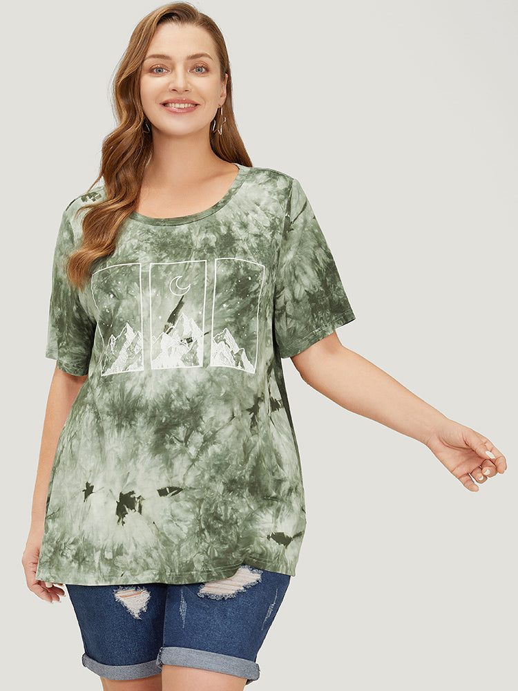 Mountain & Moon Print Graphic Tie Dye T-shirt