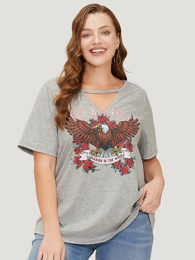 Eagle & Floral Print Keyhole Neck T-shirt