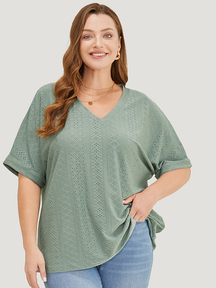 Plain Roll Sleeve Broderie Anglaise T-shirt