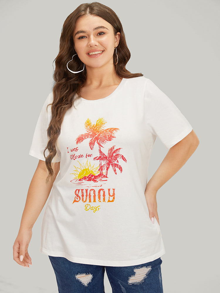 Coconut Tree & Letter Print Drop Shoulder T-shirt