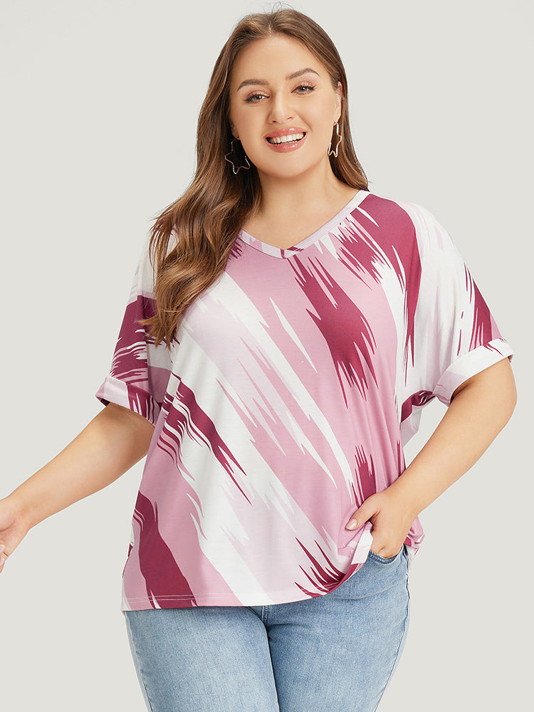 Brush Print Contrast Batwing Sleeve Ombre T-shirt