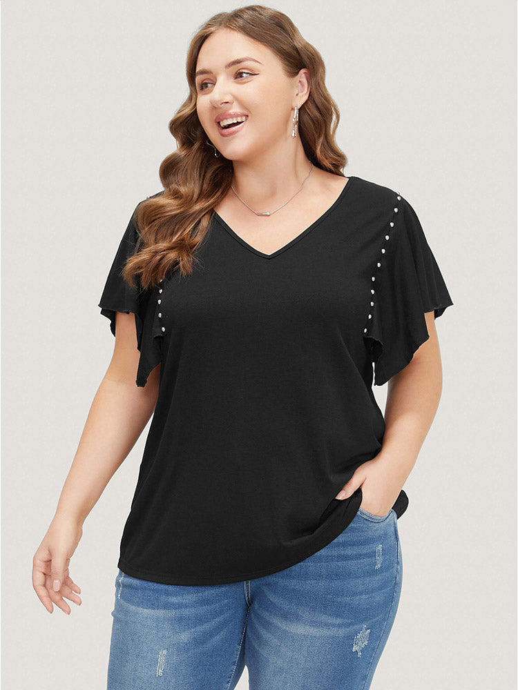 Plain Rivets Ruffle Sleeve T-shirt