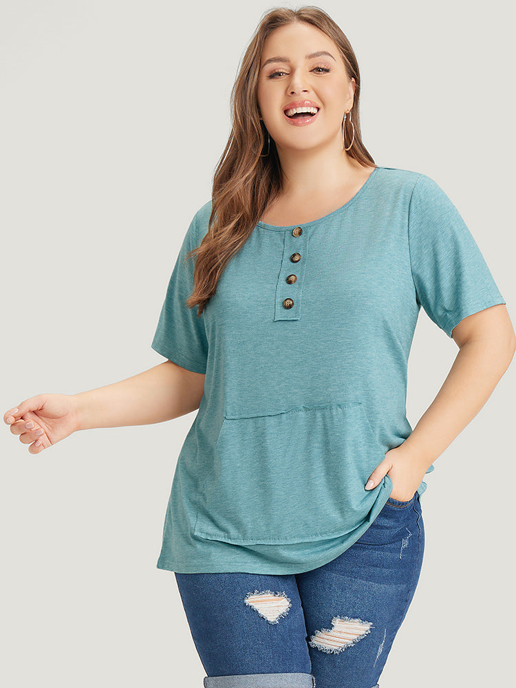 Plain Heather Button Detail Patch Pocket T-shirt