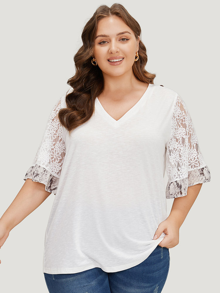 Plain Heather Mesh Lace Bell Sleeve T-shirt