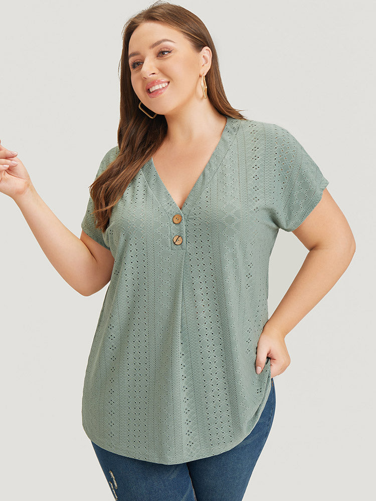 Solid Broderie Anglaise Dolman Sleeve Button Detail T-shirt