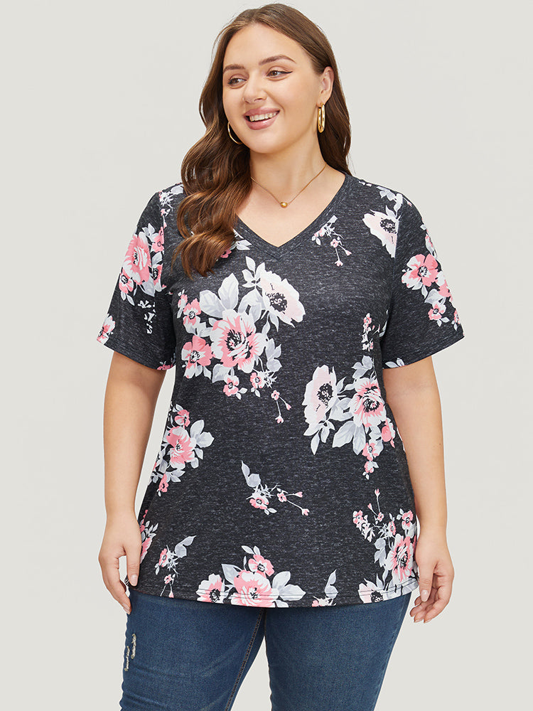 Floral Print V Neck Heather T-shirt