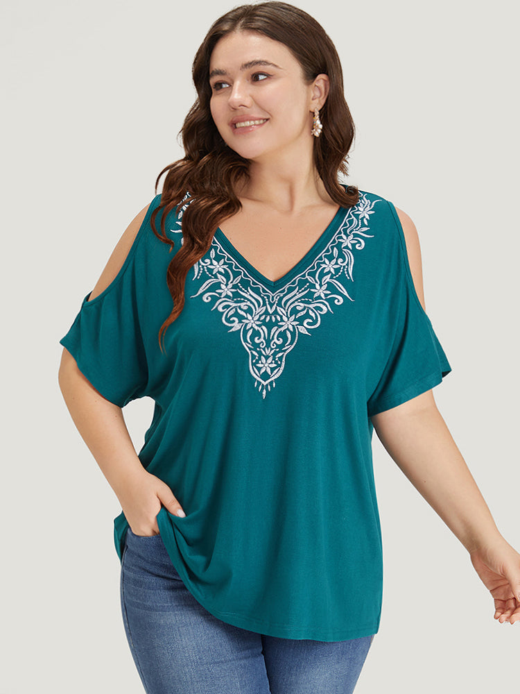 Silhouette Floral Print Embroidered Ruffle Cold Shoulder T-shirt