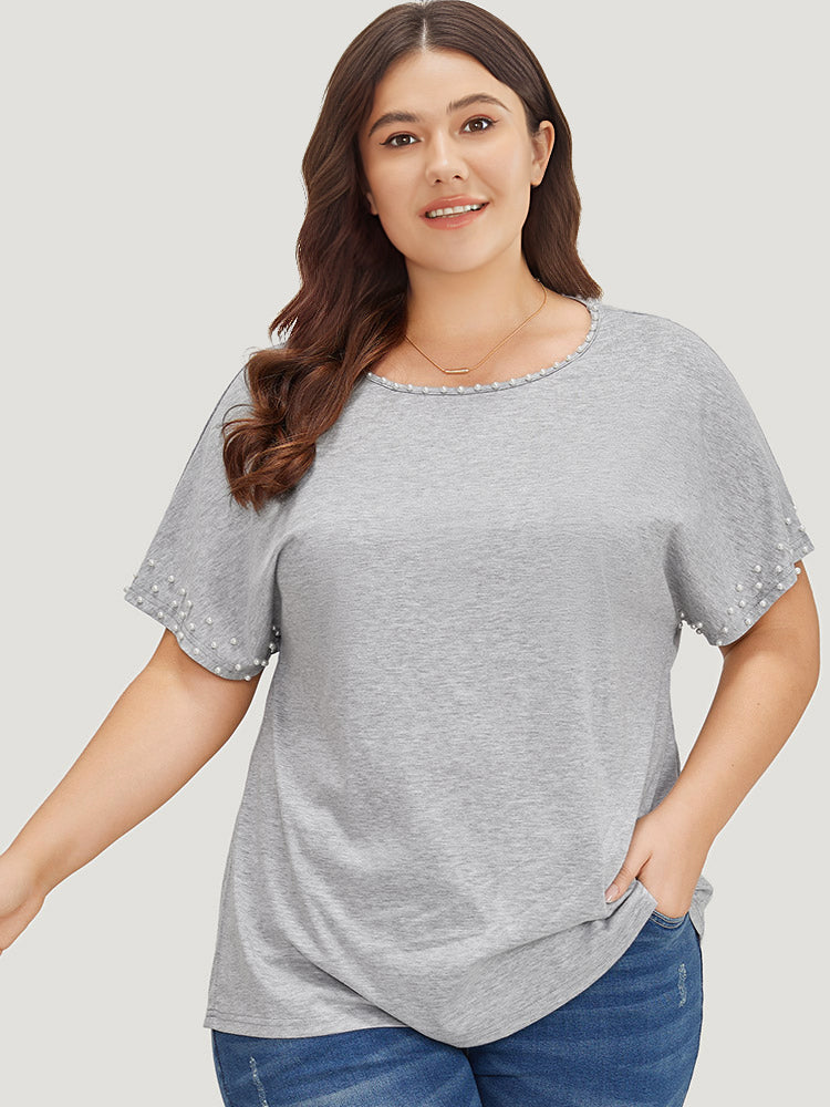 Plain Heather Pearl Beaded Crew Neck T-shirt