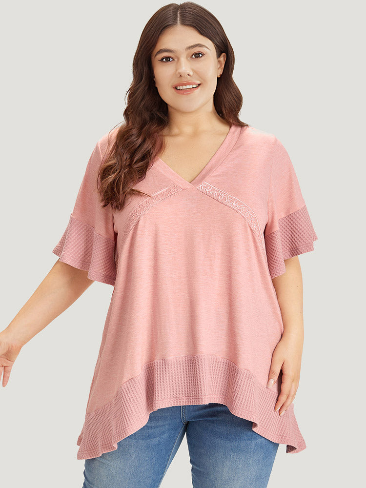 Plain Heather Crochet Lace Asymmetrical Hem T-shirt