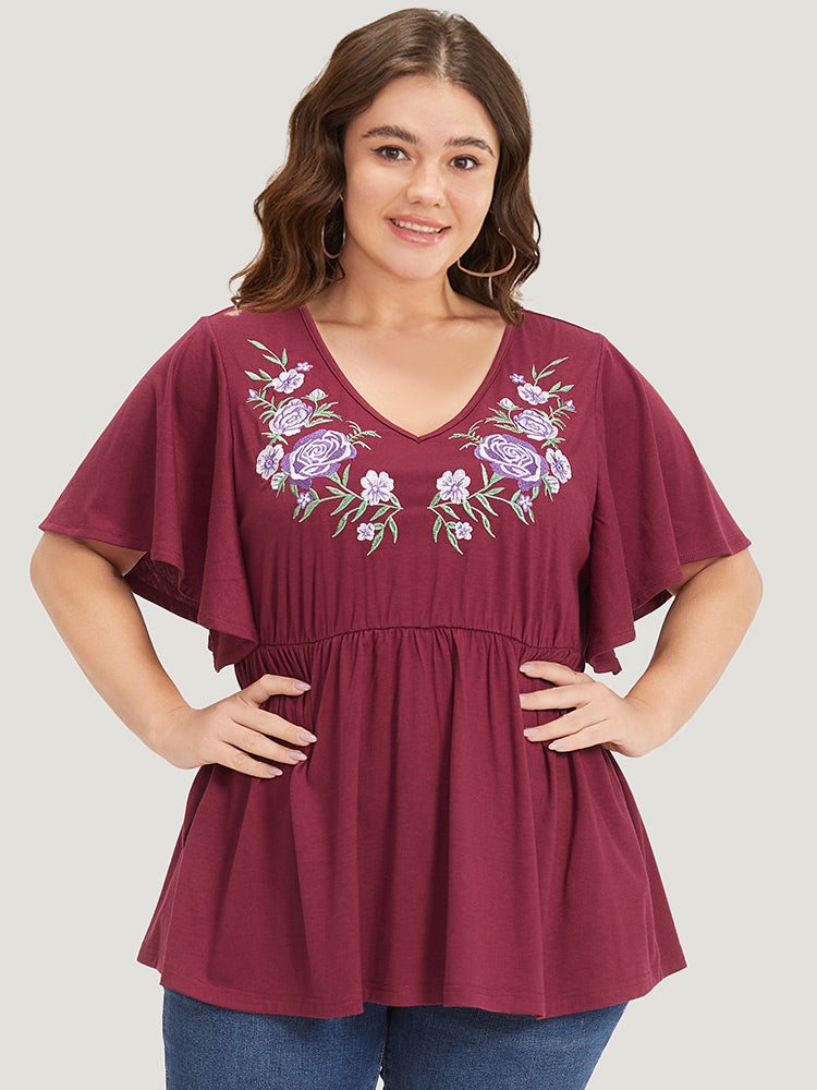 Floral Embroidered V Neck Gathered Ruffle Sleeve T-shirt