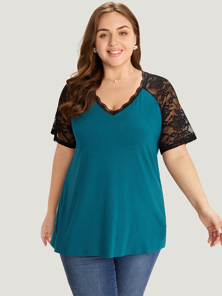 V Neck Contrast Lace Mesh Raglan Sleeve T-shirt