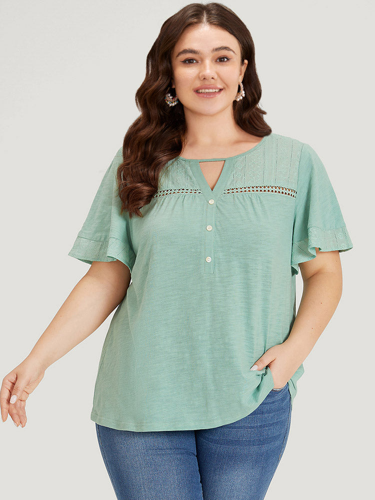 Plain Button Detail Embroidered Keyhole Ruffle Sleeve T-shirt