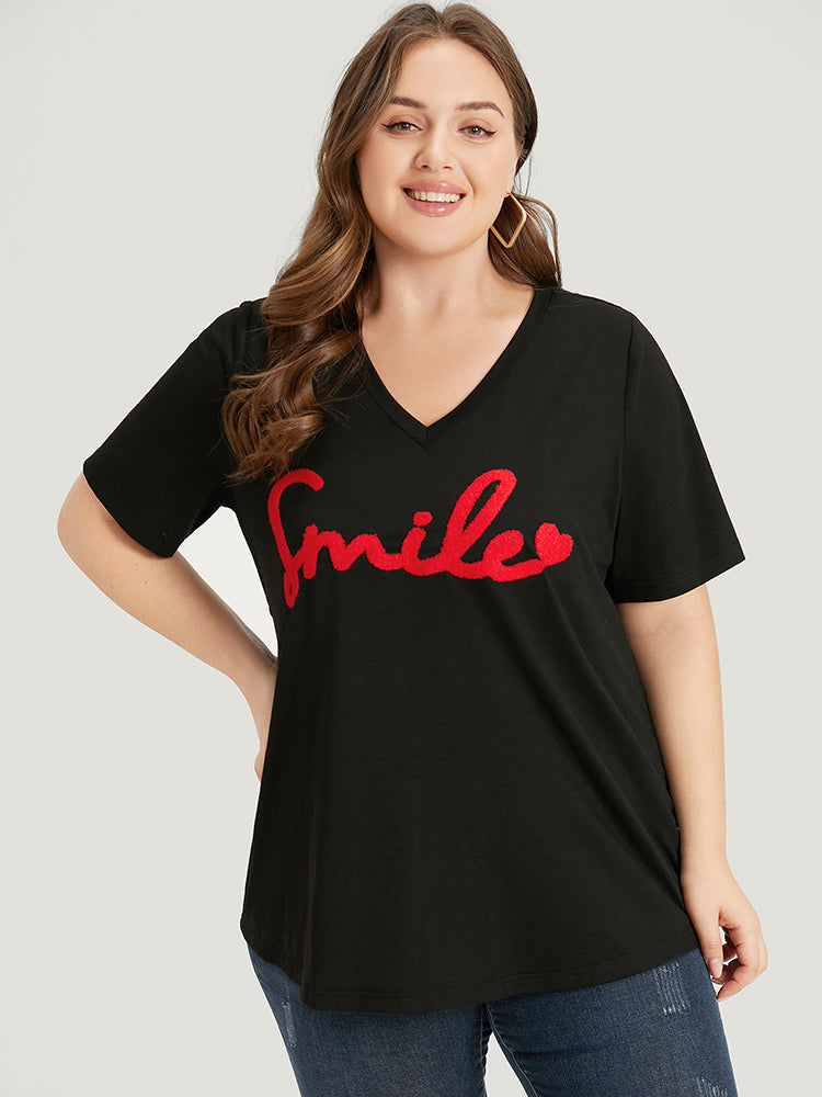 Letter Embroidered V Neck T-shirt