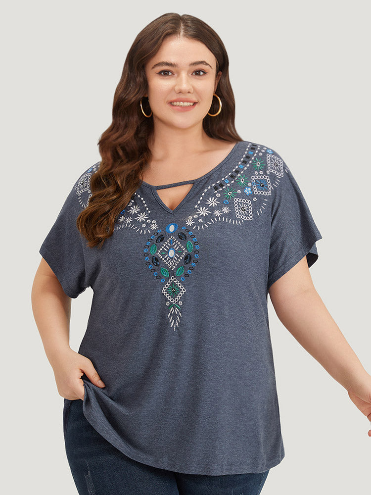 Floral Embroidered Keyhole Dolman Sleeve T-shirt