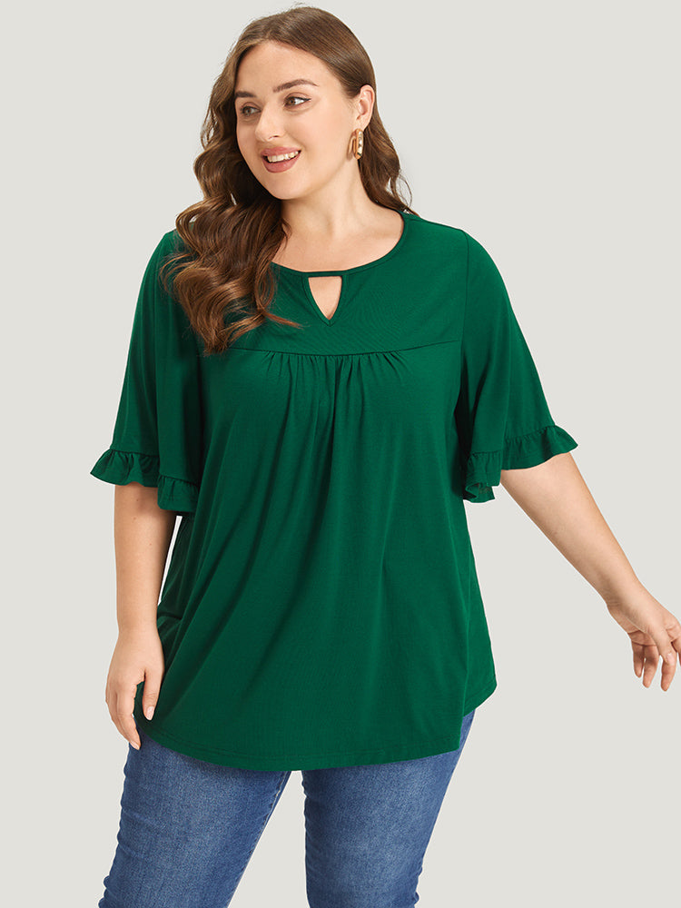 Plain Crew Neck Keyhole Gathered Bell Sleeve T-shirt