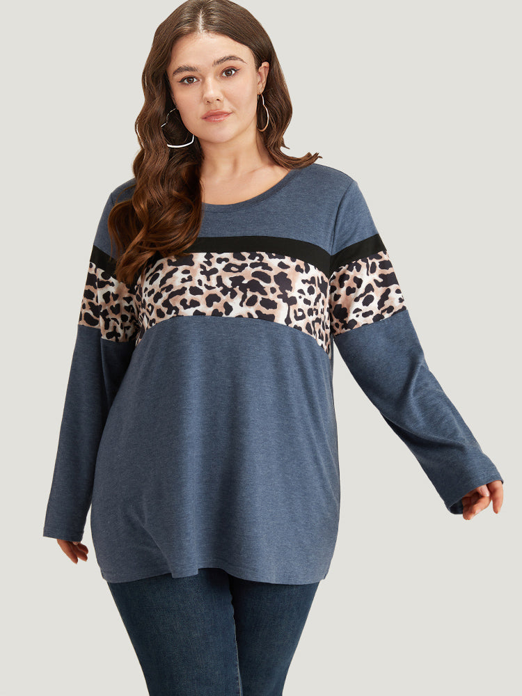 Leopard Heather Patchwork Crew Neck T-shirt