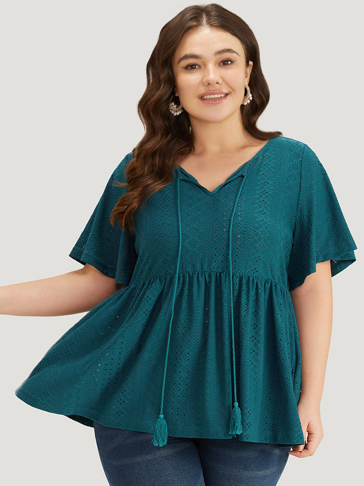 Broderie Anglaise Knot Neck Tassel Trim Ruffle Hem T-shirt