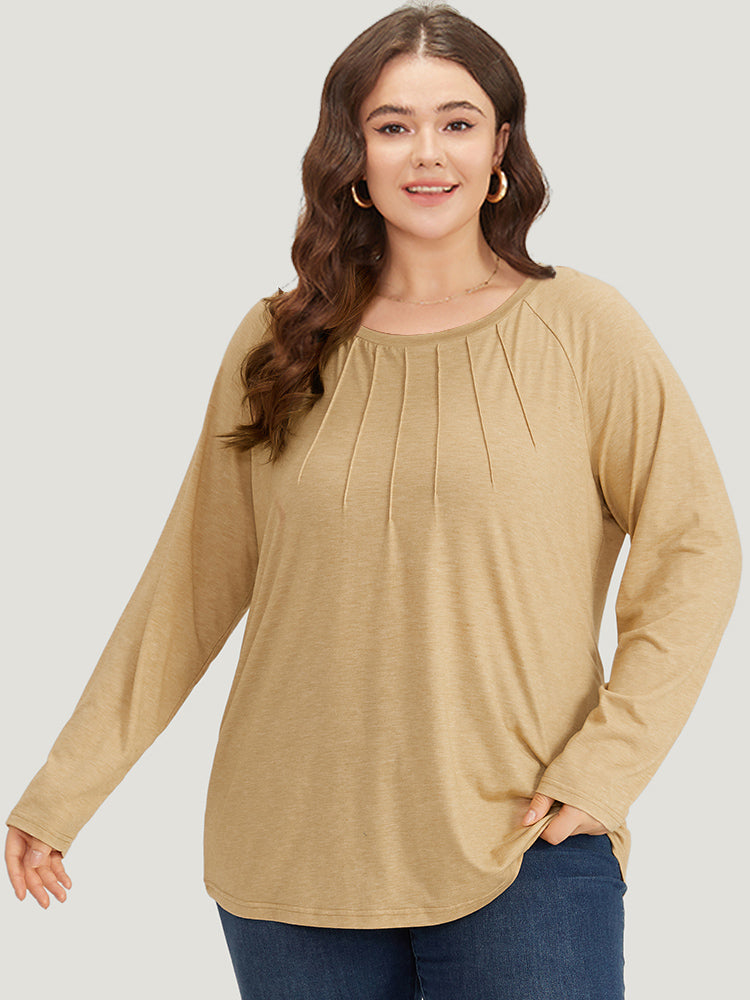 Solid Pleated Raglan Sleeve Crew Neck T-shirt