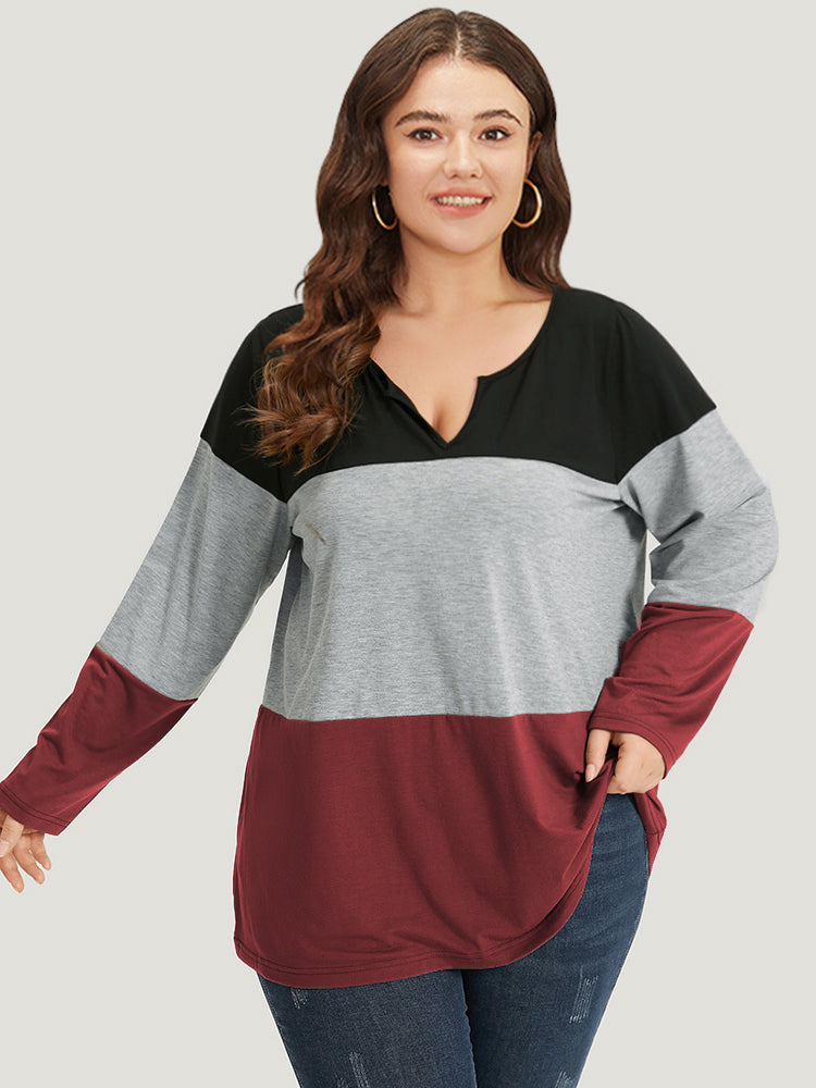 Colorblock Contrast Notched Long Sleeve T-shirt